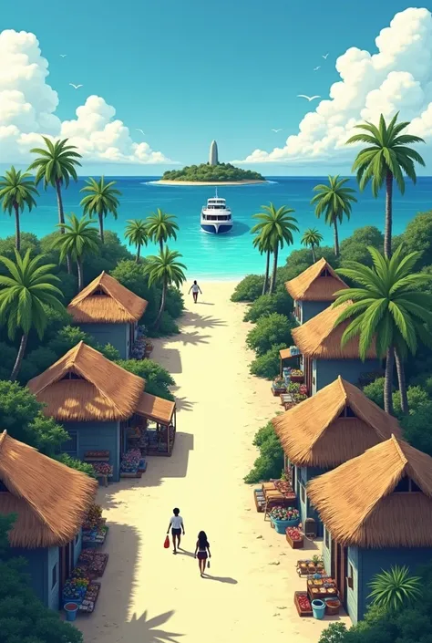 Create an image with the following characteristics Island has a ferry It has a pier It has a destitute village with bahareque houses, roofs of bitter palm and streets of sand and in front the sea It has At the end of the town there is an avenue of palm tre...