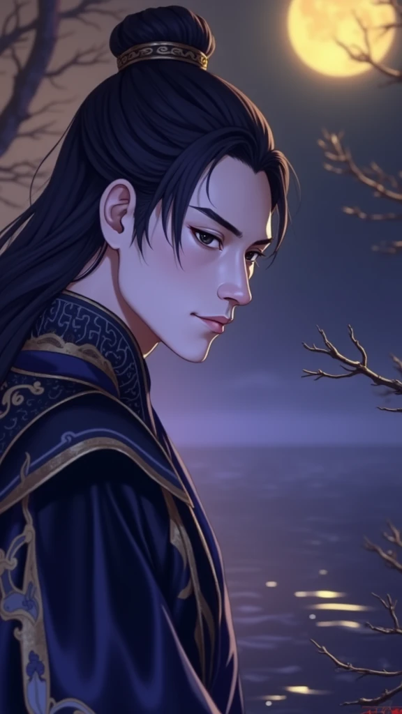 Masterpiece, best quality, outdoor, night, full moon, lakeside, branches, 1 man, mature man, Chinese style, ancient China, black hair, black eyes, forked hair, long hair, long bangs, handsome, handsome, masculine, gentle, tall, calm, black and gold mixed c...