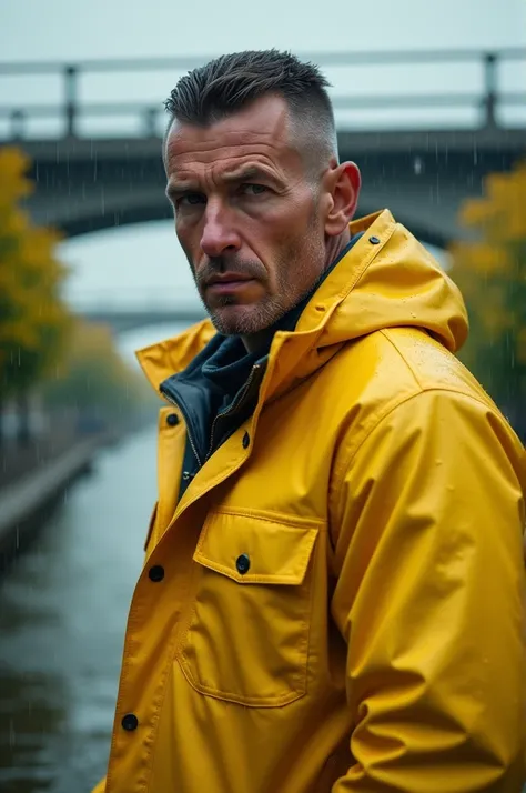 Brutal, handsome man 40 years crew cut hair wearing yellow raincoat standing in front of skywalk and Khong river, raining day, golden shower trees on the background, 