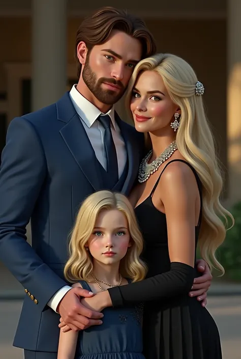 (Photorealism:1.2), man with brown hair and eyes without beard wearing a blue suit and tie, hugging a long-haired blonde woman in a black dress olhos verdes and with a beautiful necklace. Frontal at a Photorealistic , com uma   loira de 8 anos e olhos azui...