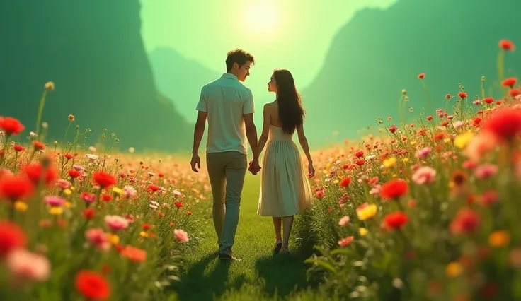 A romantic couple walking hand in hand in a lush, vibrant landscape, (best quality,4k,8k,highres,masterpiece:1.2),ultra-detailed,(realistic,photorealistic,photo-realistic:1.37),beautiful detailed eyes,beautiful detailed lips,extremely detailed eyes and fac...