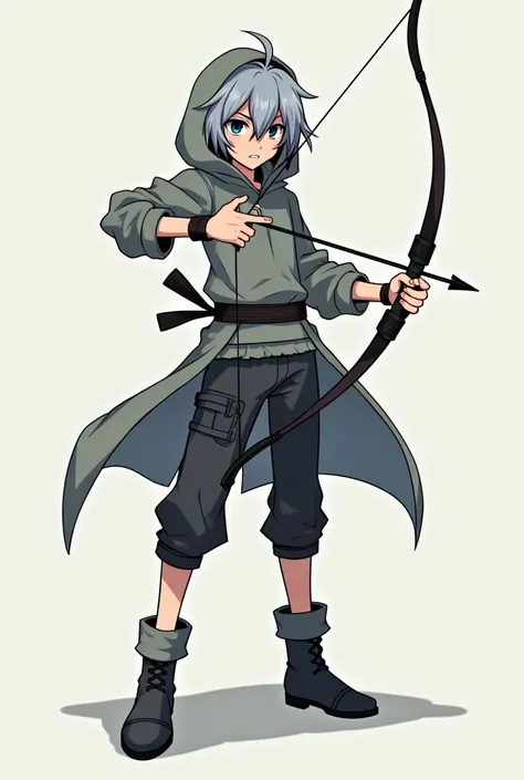 Full body anime hooded grey haired teen boy with a bow and a scar on his nose