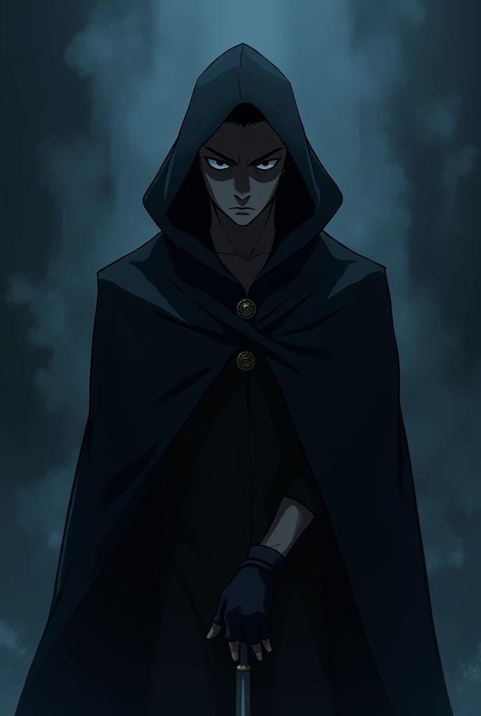 Anime man from behind, with black hood and dark blue background