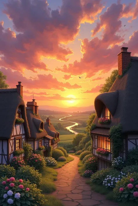 : Paint a rural village at sunset, with thatched-roof houses, fields of crops, and a sky filled with warm hues of orange, pink, and purple.