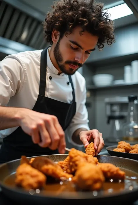 A man cooking a delicious fried chicken in the kitchen. The man has to be young and curly.