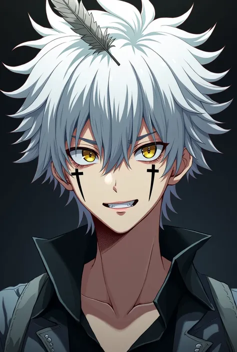 anime mature boy! with white hair and a cross tattoo on both sides of his cheek,crazy face,funny,wearing a suitdark circles,White skin.
Eagle feather stuck in a hair.
yellow eyes.