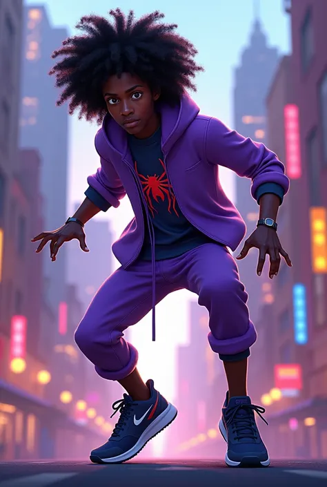 Faz um personagem estilo homem aranha no spiderverse com cabelo crespo grande com uma roupa roxa clara e tênis nike azul escuro,with black skin ,with dark blue nike sneakers,spiderverse 