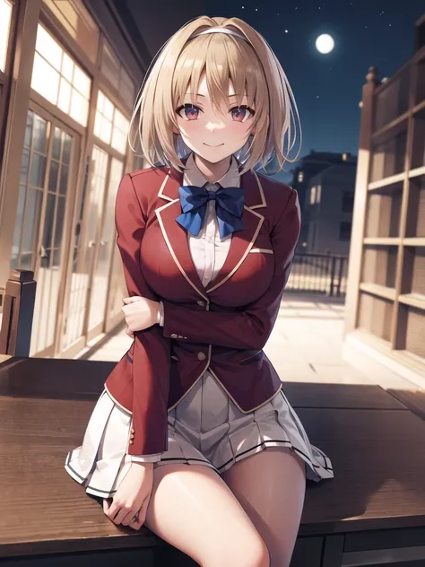 masterpiece, vibrant colours, best quality, detailed, highres, absurdres, score_9, score_8_up, score_7_up, aakikyo, short hair, hair intakes, white hairband, blue bowtie, collared shirt, blazer, red jacket, long sleeves, white skirt, pleated skirt, black s...