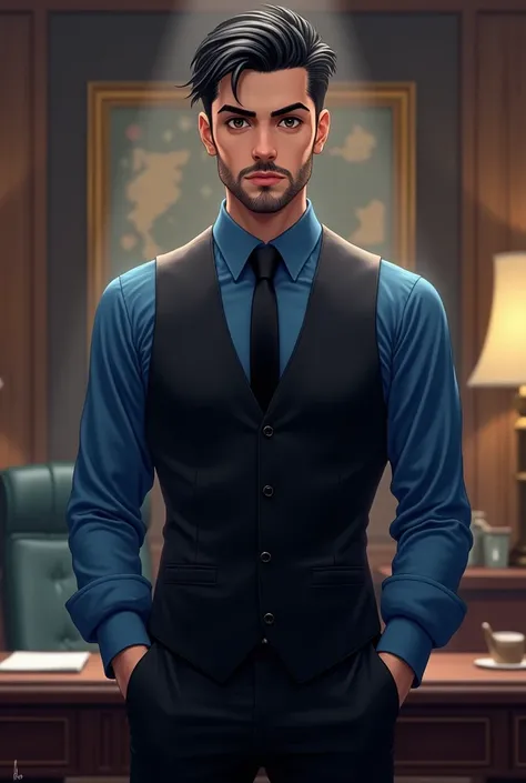 Young handsome man with short black hair slicked back, eyes black, beard and mustache marks, blue long sleeve shirt, black dress vest, long thin black tie hidden by the vest, black dress pants, hands inside pocket, In an office, Masterpiece artwork, precis...