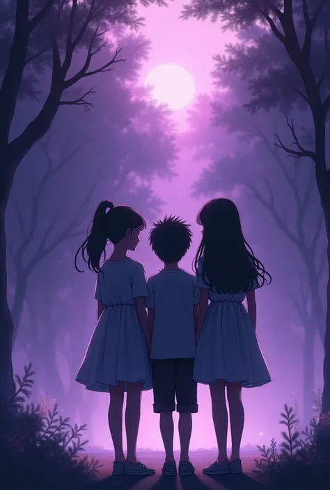 Make the silhouette of a girl&#39;s back with a ponytail, a girl with her hair down, a boy in the middle, the three of back, purple shadow , A tall boy, the three of back, Girls the same size as the boy 