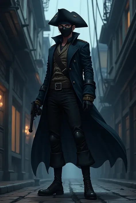 Anime pirate With a mask all over his face And a black revolver And dark clothes 