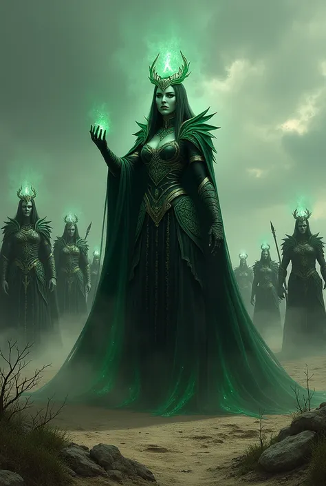 a landscape picture of beautiful queen of helheim hela commanding her undead soldier to storm the midgard