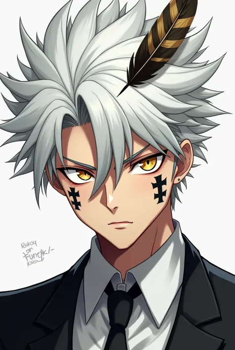 anime mature boy! with white hair and a cross tattoo on both sides of his cheek,crazy face,funny,wearing a suitdark circles,White skin.
Eagle feather stuck in a hair.
yellow eyes.
mature.