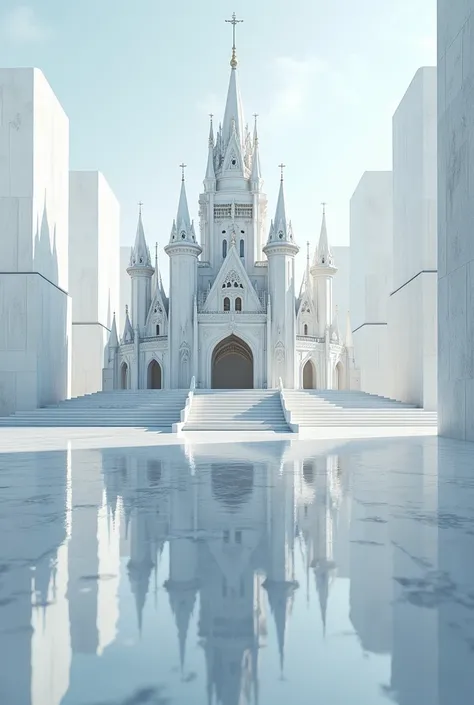 Floating marble medieval castle in mirrored space 