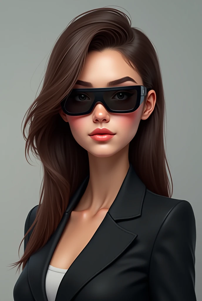 stylish straight haired brunette character wearing 4K Full HD gamer glasses