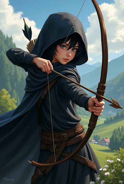 young archer with black cloak Anime traits, in a medieval time