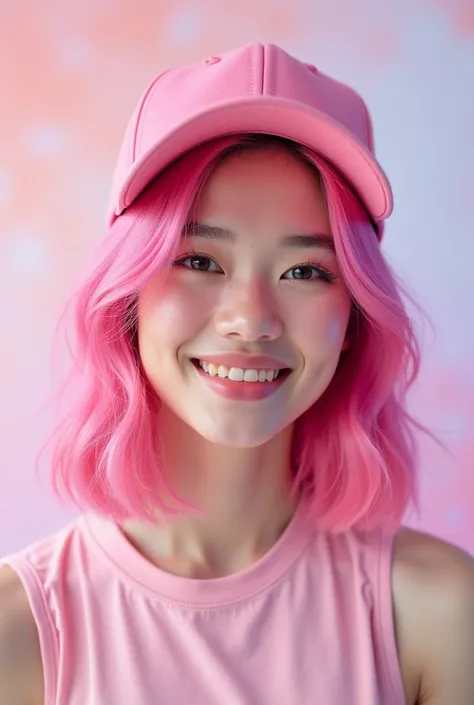 Tumblr girl pink hair with pink cap pink background