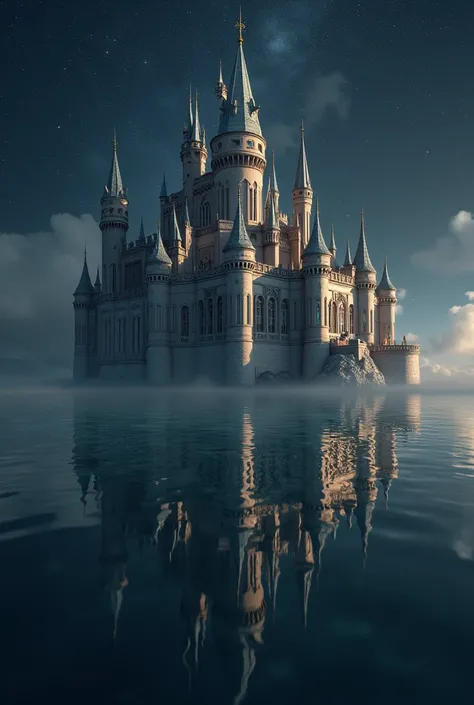 Floating medieval castle in mirrored outer space 