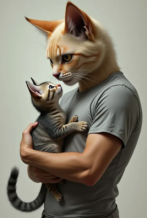 A male cat with men body in casual dress with his cat baby tears in eyes