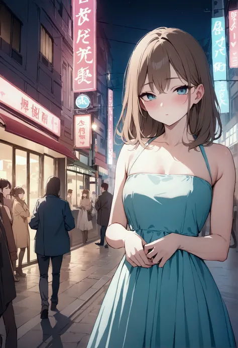 (Best Quality, 8k, masterpiece: 1.3), clear focus: 1.2, beauty: 1.4, ABS: 1.1, Brown hair, Aquamarine dress: 1.4, Outdoor night: 1.1, Streets of the city, thin face and eyes, double eyelids. Realistic lighting added., pay attention to adjusting the proport...