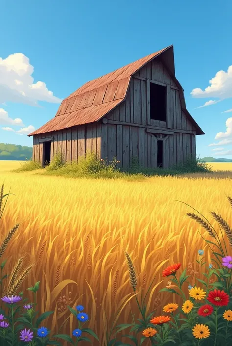 Illustrate an old, weathered barn standing in the middle of a golden wheat field, with wildflowers growing around it and a clear blue sky overhead.