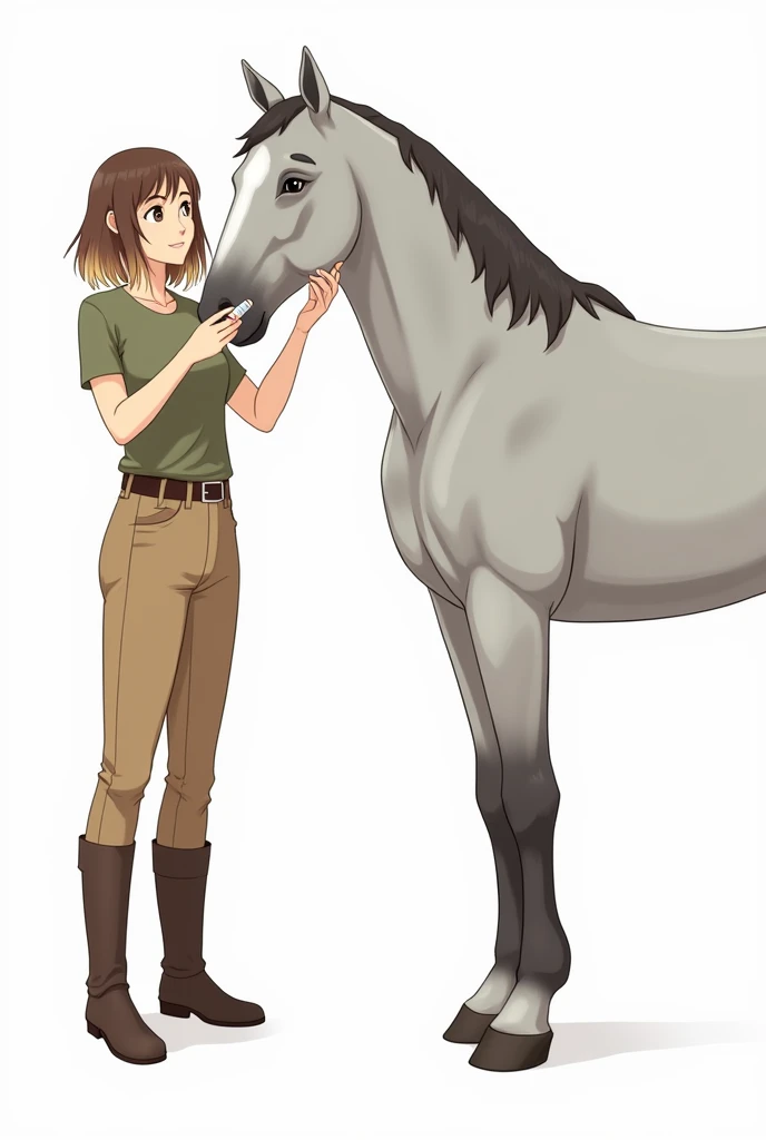 Illustration sur fond blanc. Femme détendue et heureuse (yeux noisettes, cheveux chatains mèches blondes, t-shirt vert kaki, pantalon d’équitation marron, ceinture, boots) qui donne le verlifuge à un cheval gris calme