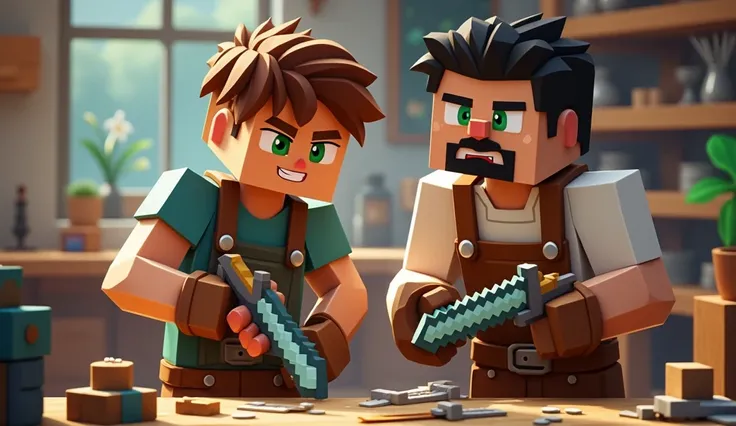 Collaborating with Robert**
- **Description:** Mark and Robert are working together in a workshop creating new weapons and armor. The workshop is animated with Minecraft-style tools and materials. Robert is suggesting ideas while Mark actively crafts new i...