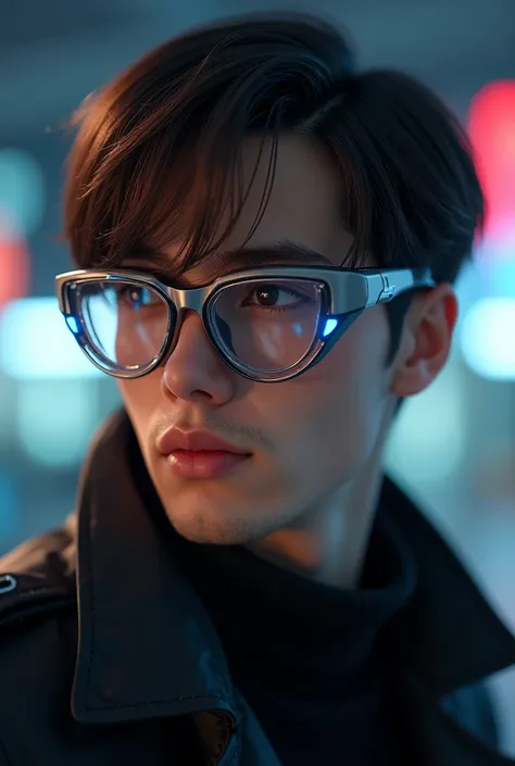 stylish straight haired brunette male character wearing metalic gamer glasses 4K Full HD