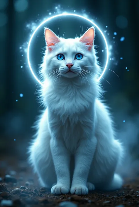 a white cat with blue eyes and a ring on its head as a sign that it is deceased