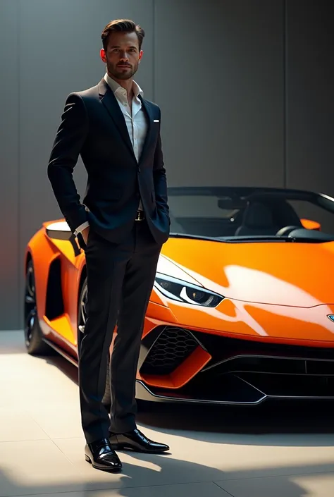 A man stands next to a Lamborghini car