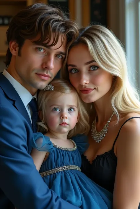 (Photorealism:), man with brown hair and eyes without beard wearing a blue suit and tie, hugging a long-haired blonde woman in a black dress olhos verdes and with a beautiful necklace. Frontal at a Photorealistic , with an  blonde child with blue eyes also...