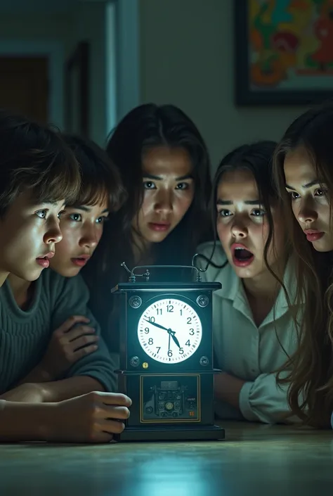 a group of 2 young adult men and 3 young adult women, photo in 8k, in a house, scared, small time machine