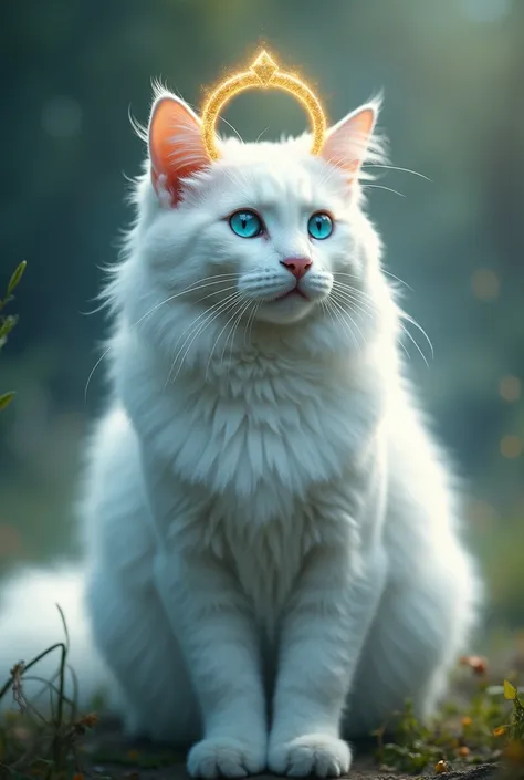 a white cat with blue eyes and a gold ring on its head as a sign that it is deceased