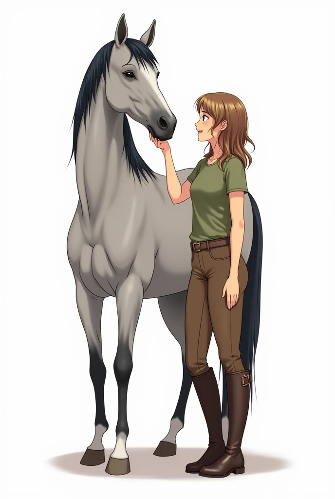 Illustration sur fond blanc. Femme détendue et heureuse (yeux noisettes, cheveux chatains mèches blondes, t-shirt vert kaki, pantalon d’équitation marron, ceinture, boots) qui donne le verlifuge à un cheval gris calme