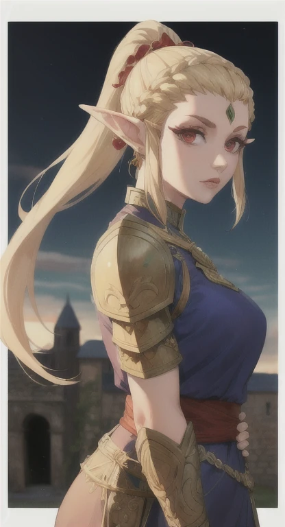 Goddess candidate, Hylia, blonde, red eyes, looking at viewer POV, Hylian armor, ponytail hairstyle, medieval Town ruins, hunting bow,