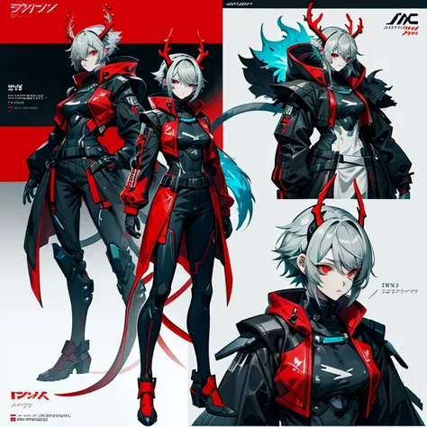 anime character with tail, antlers, concept character, science fiction character, science fiction character, science fiction female character, character concept de corpo inteiro, character concept de ficção científica, character concept, cyberpunk characte...