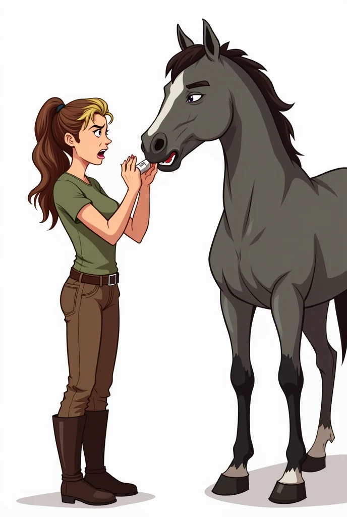 Illustration sur fond blanc. Femme stressée et énervée (yeux noisettes, cheveux chatains mèches blondes, t-shirt vert kaki, pantalon d’équitation marron, ceinture, boots) qui donne le verlifuge à un cheval gris agressif 