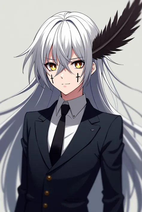 anime mature boy! with white hair and a cross tattoo on both sides of his cheek,crazy face,funny,wearing a suitdark circles,White skin.
Eagle feather stuck in a hair.
yellow eyes.
MATURE.
brilhant eyes.
long hair