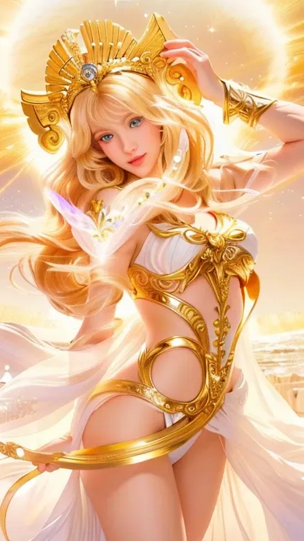 girl with long blonde hair and blue eyes in a white dress, goddess, the sailor galaxia. beautiful, venus goddess, beautiful goddess, celestial goddess, goddess of the sun, aphrodite goddess of love, beautiful  artwork,  princess, detailed artwork, venus go...