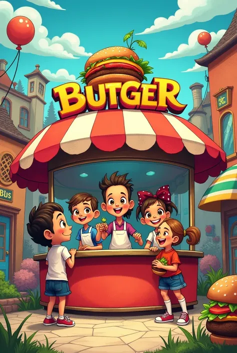 Three girls and a boy selling burgers in a place called Crazy Burger cartoon style