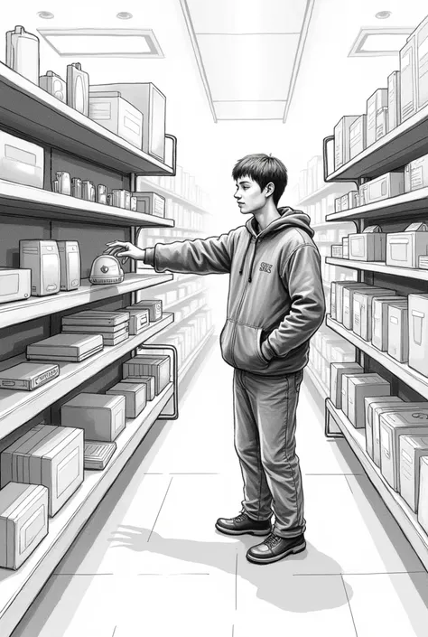 Drawing of a full person in the supermarket taking a computer mouse on a shelf

