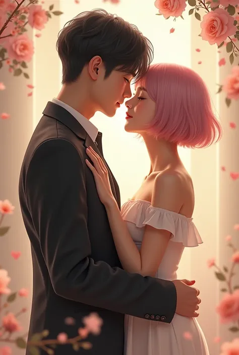 Korean girl with short pastel pink hair and her black-haired partner Taehyung bts, grabbing her realistic waist ￼