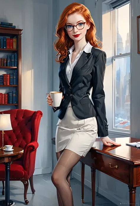 enjoying a cup of coffee.(full body:1.4),((ultra realistic illustration:1.3)), tall, slender ((redhead:1.2)) woman of irish desc...