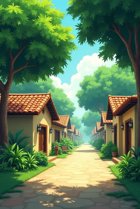 Perspective design of a green corridor where the houses near it are 1 story and have colonial tiles