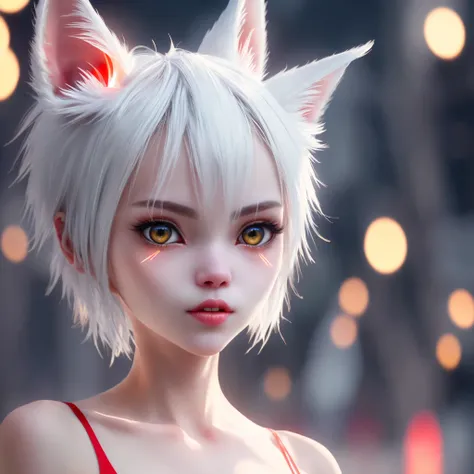 fox girl, cam shot showing off her pussy short hair,white hair,wolf ears, red eyes,pussy cat , super cute face, red elements on fur, beautiful lights and shadows, ambient light, super fine fur, reamy long pale expressionless, BREAK sun glare, bokeh, depth ...