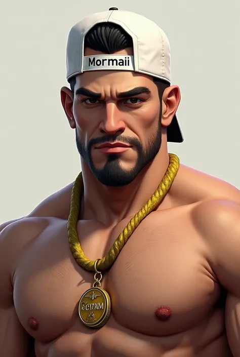 Realistic image of relatively strong full body white man short black hair shaved beard white backwards cap written Mormaii on the cap gold cord with the acronym cpxm