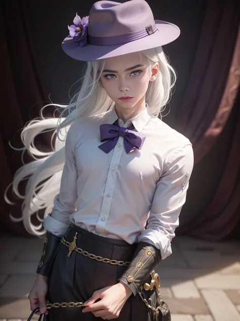 High resolution, looking at the viewer, violet eyes, masterpiece, The best quality, Awarded many times, detail, HD Model, details altos, high quality, quality, Very detailed, UHD, pale, Fedora, blurred, young, Chico, man, 1male, White hair, fantasy, violet...