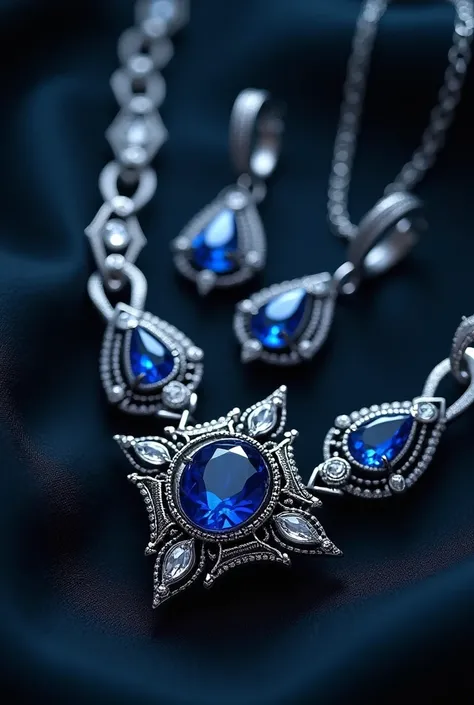 Set silver jewelry, gothic style, gems and diamons, blue zafiro 