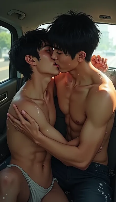 Three Asian boys, bare , Erection , shirtless, hug and kiss, frantically, raise your arms, car back seat, Soaking wet, serious face, relax, Chaos