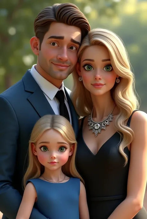 (Photorealism:1.2), man with brown hair and eyes without beard wearing a blue suit and tie, hugging a long-haired blonde woman in a black dress olhos verdes and with a beautiful necklace. Frontal at a Photorealistic , com uma  criança loira de 8 anos e olh...